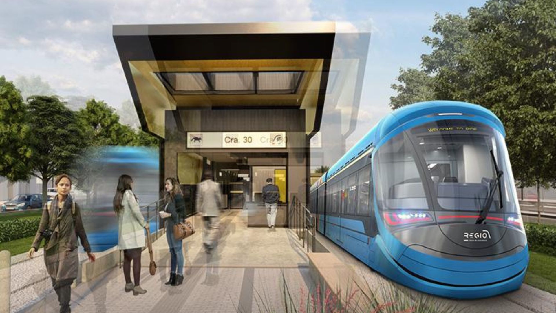 Grafica de un tren azul llegando a una estación