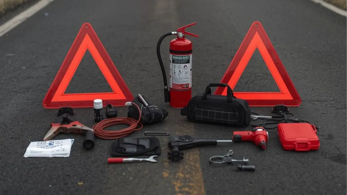 Elementos de un kit de carretera distribuidos en una vía