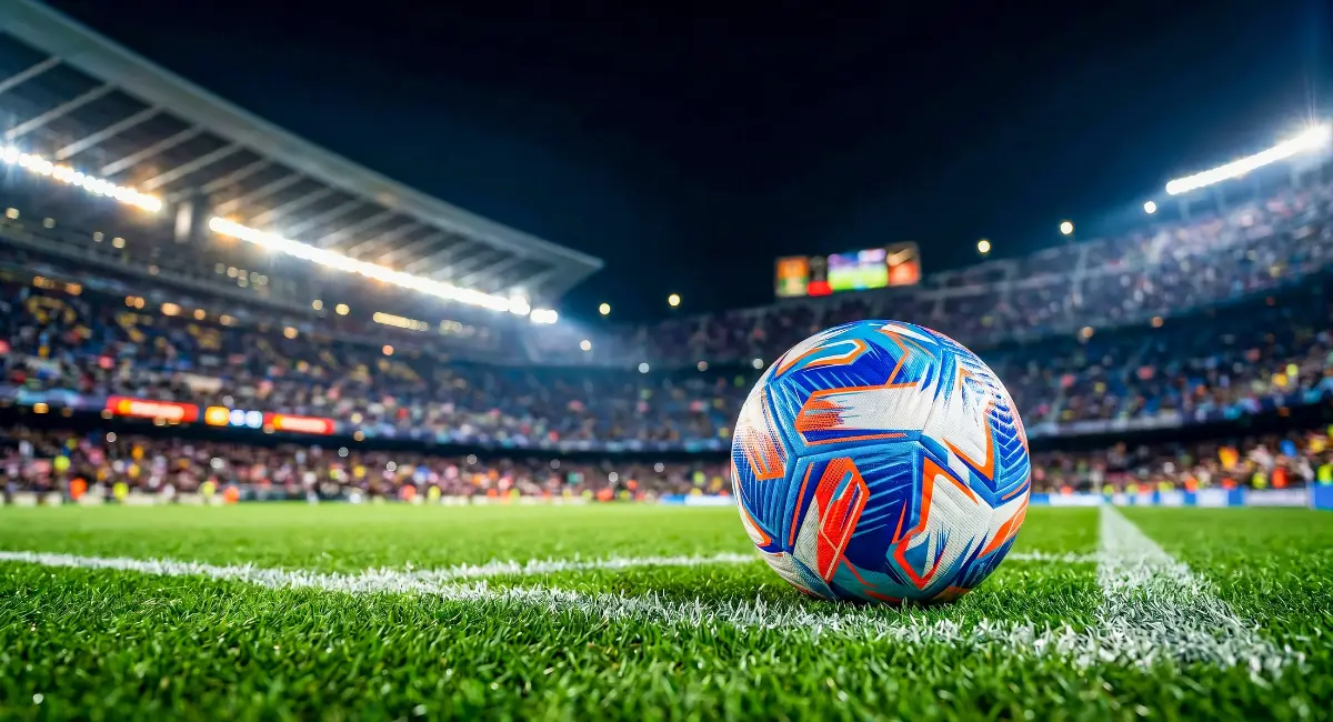 Pelota de fútbol en un estadio.