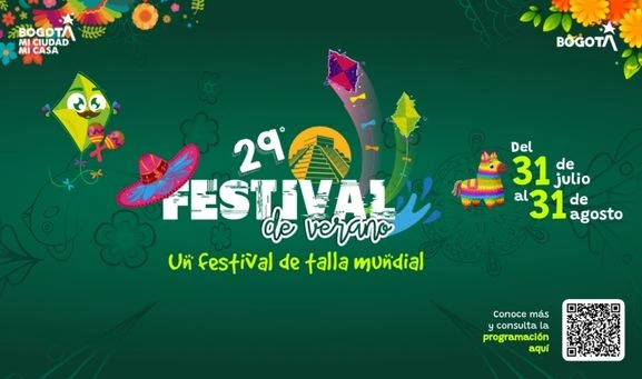 Banner promocional del 29.º Festival de Verano de Bogotá, que se realizará del 31 de julio al 31 de agosto, con ilustraciones coloridas de cometas, sombrero, piñata y un código QR para consultar la programación.