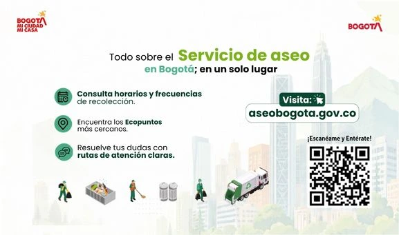Banner institucional con fondo claro y el mensaje "Todo sobre el Servicio de aseo en Bogotá, en un solo lugar". Invita a visitar el portal aseobogota.gov.co, donde la ciudadanía puede consultar los horarios y frecuencias de recolección de residuos, encontrar los Ecopuntos más cercanos y acceder a las rutas de atención para resolver inquietudes sobre el servicio de aseo. A la derecha incluye un código QR con la invitación "¡Escanéame y entérate!" y en la parte inferior aparecen ilustraciones relacionadas con el servicio de aseo.