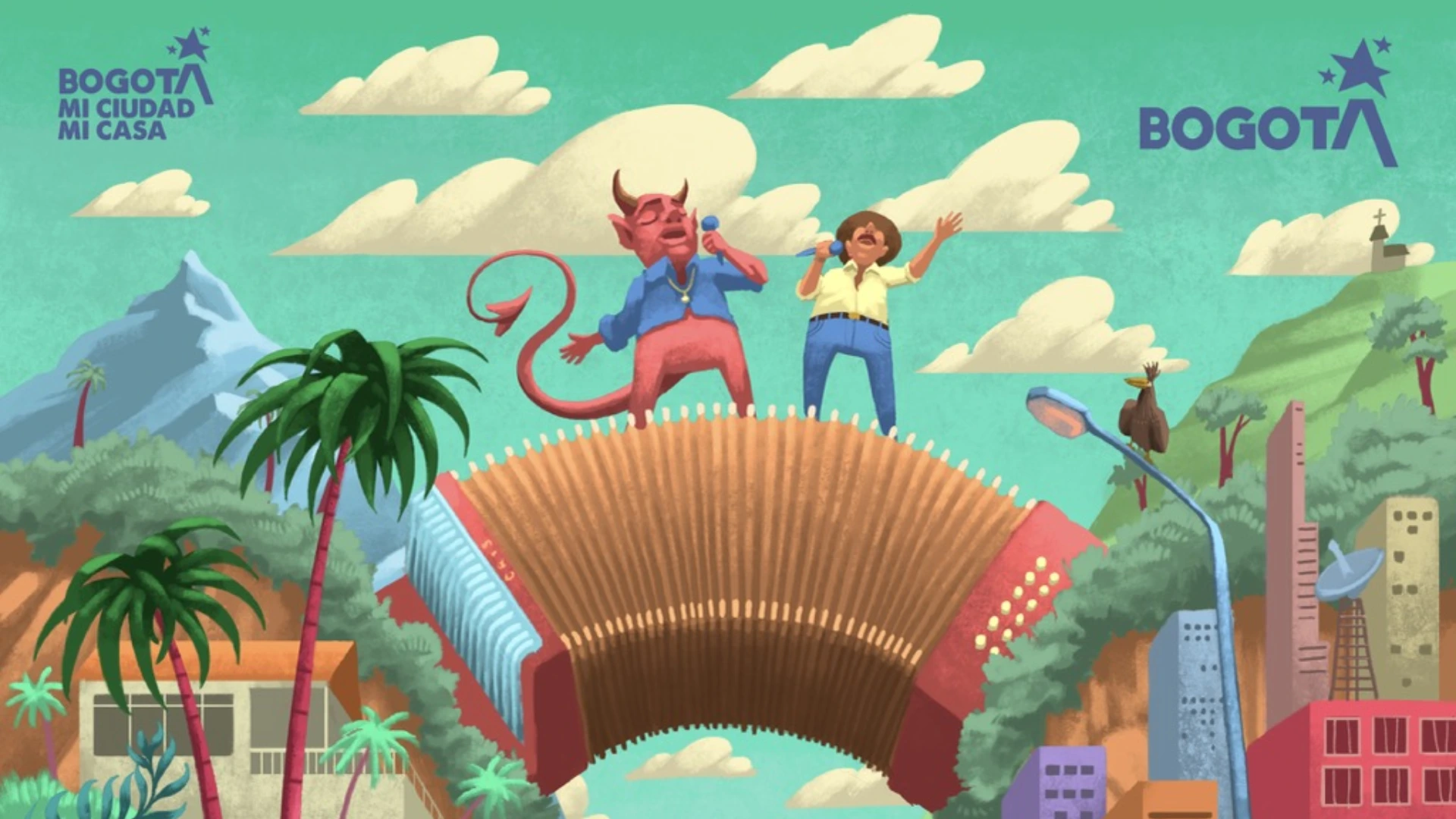 Banner ilustrado de temática vallenata en el que aparecen dos personajes cantando con micrófonos sobre un acordeón gigante. La escena integra elementos de paisajes naturales, vegetación, montañas y construcciones urbanas, creando una composición que conecta la tradición musical con la ciudad. En las esquinas superiores aparecen los identificadores gráficos de “Bogotá, mi ciudad, mi casa” y Bogotá.