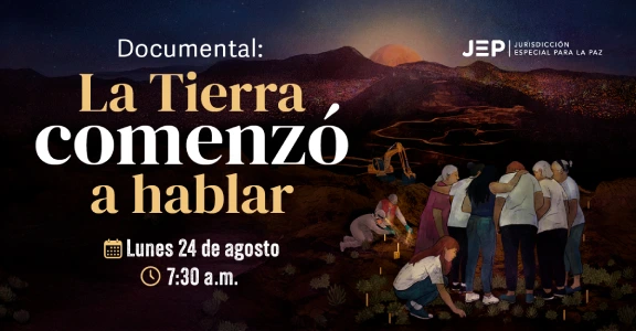 Grupo de personas reunidas junto a un área de excavación en un paisaje montañoso al atardecer, en imagen promocional del documental La Tierra comenzó a hablar