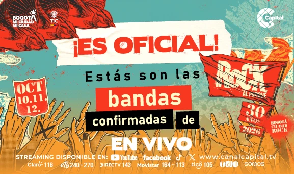 Ilustración de público levantando las manos frente a un escenario, rodeada de elementos gráficos de Bogotá y rock, para anunciar bandas confirmadas de Bogotá Ciudad Rock en vivo