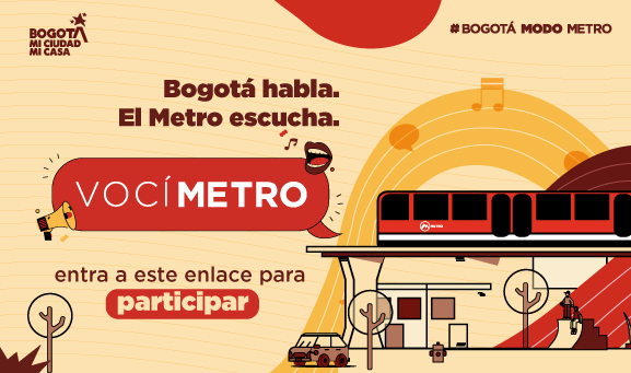 Ilustración de un tren rojo del Metro de Bogotá sobre una estación, con calles, árboles, vehículos y notas musicales alrededor, para promocionar el Vocímetro