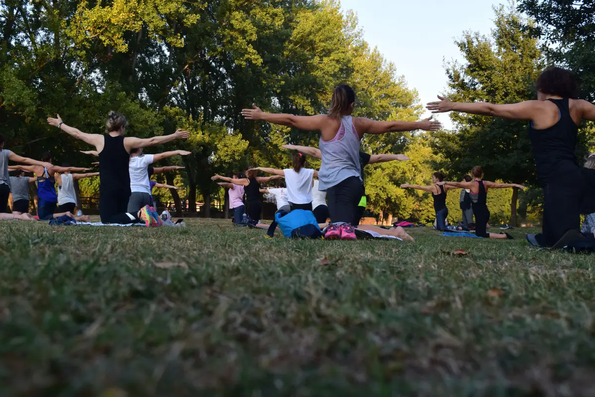 Grupo de adultos practicando yoga al aire libre en un parque rodeado de árboles.