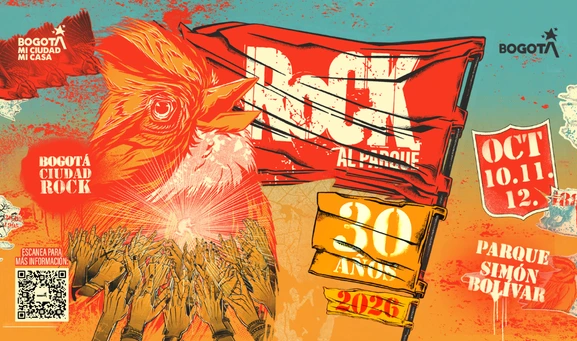 Pieza promocional de Rock al Parque 2026, con una composición gráfica en tonos rojo, naranja, amarillo y turquesa. En el centro se destaca la ilustración de un gallo junto a una bandera con la frase “Rock al Parque” y un elemento que conmemora los 30 años. A la derecha aparecen las fechas 10, 11 y 12 de octubre y el lugar Parque Simón Bolívar. En la parte izquierda se observan las frases “Bogotá, mi ciudad, mi casa” y “Bogotá Ciudad Rock”, además de un código QR para ampliar la información.