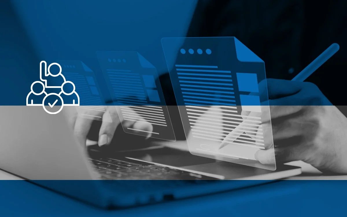 Imagen ilustrativa sobre participación ciudadana y consulta de documentos digitales, con una persona utilizando un computador portátil y un ícono que representa la participación colectiva.